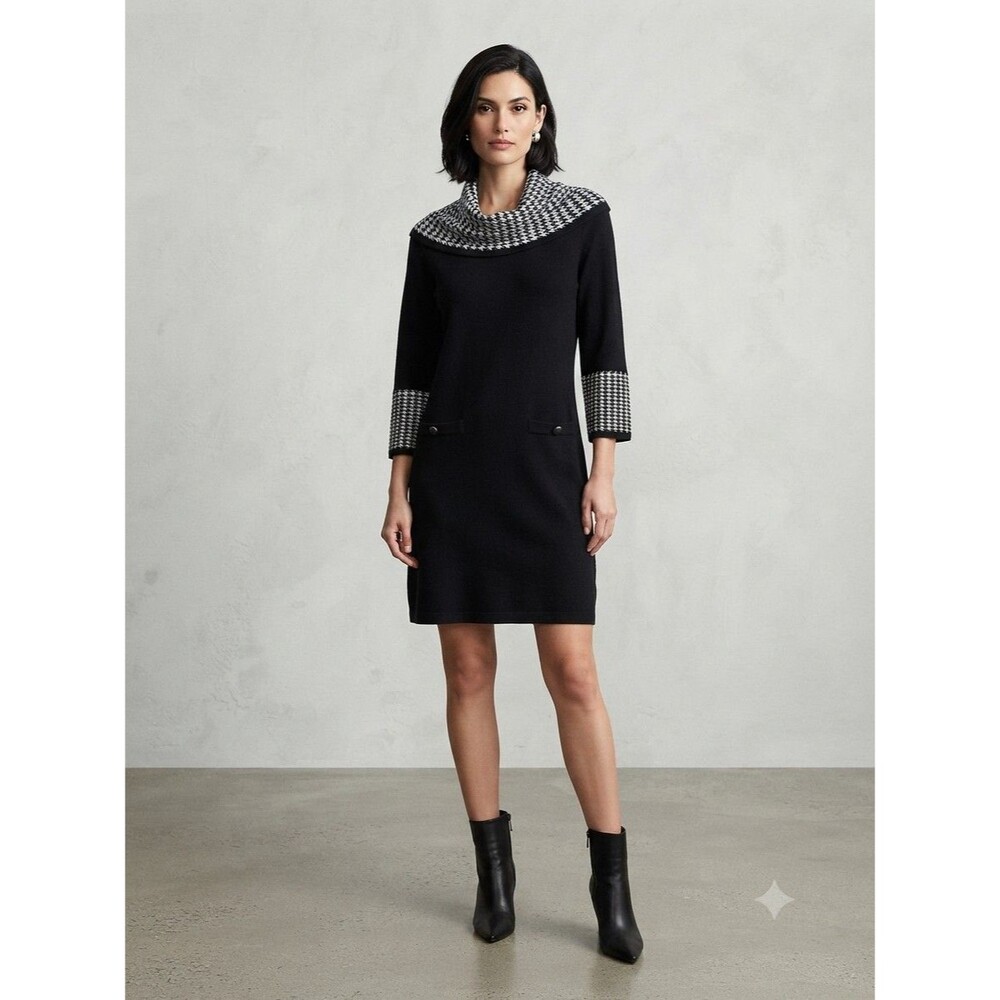 Jessica Howard Womens Black Houndstooth Trim 3/4 Sleeve Sweater Dress